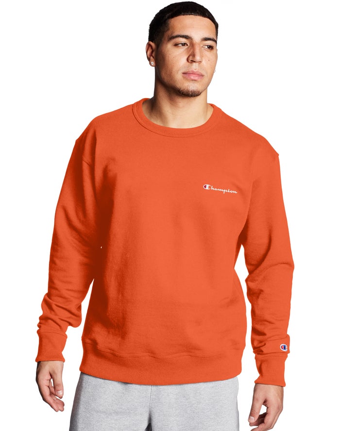 Champion Herre Sweatshirt Orange - Powerblend Fleece Crew Script Logo - Danmark CTW-031297